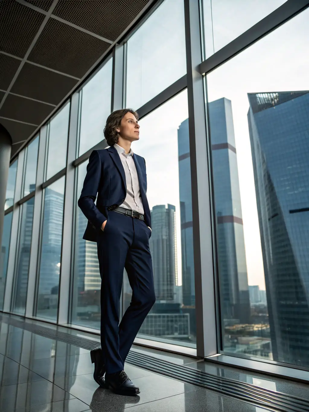 A professional businessman in a suit, looking confident and holding a briefcase, symbolizing a personal loan for career advancement, set against a modern office background.