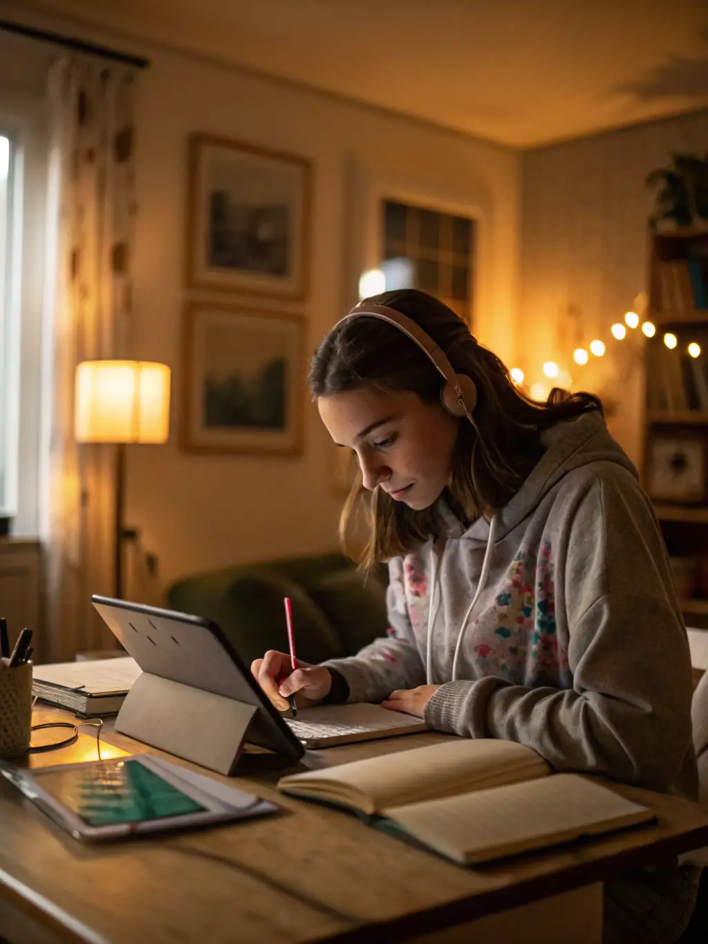 A student studying with books and a laptop, representing an education emergency loan, in a library setting.