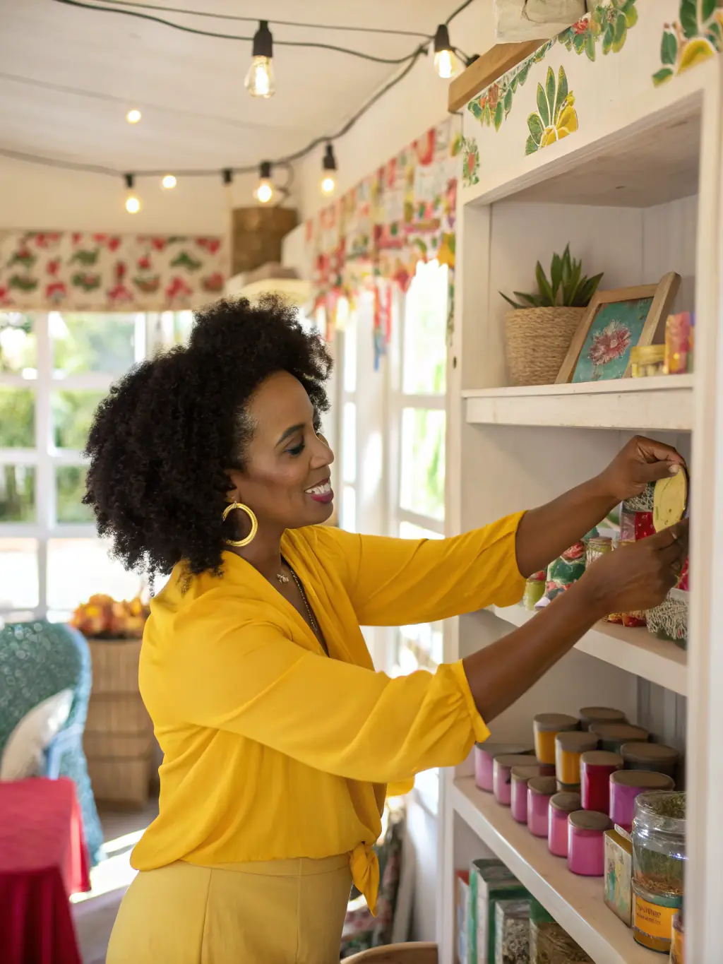 A vibrant image of a small business owner smiling in their shop, representing a small business emergency loan, with shelves of products in the background.